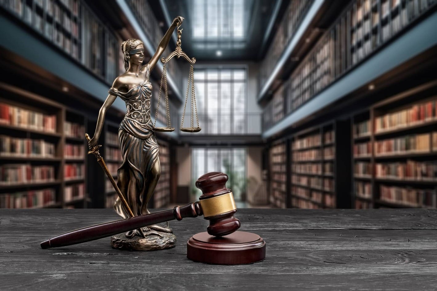 Golden Lady Justice statue holding a sword and scales beside a wooden gavel in a library
